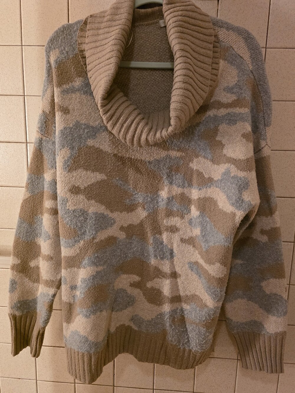 Womans CHRISTAIN SIRIANO Cozy Taupe & Light Blue Camo Shawl Collar Sweater